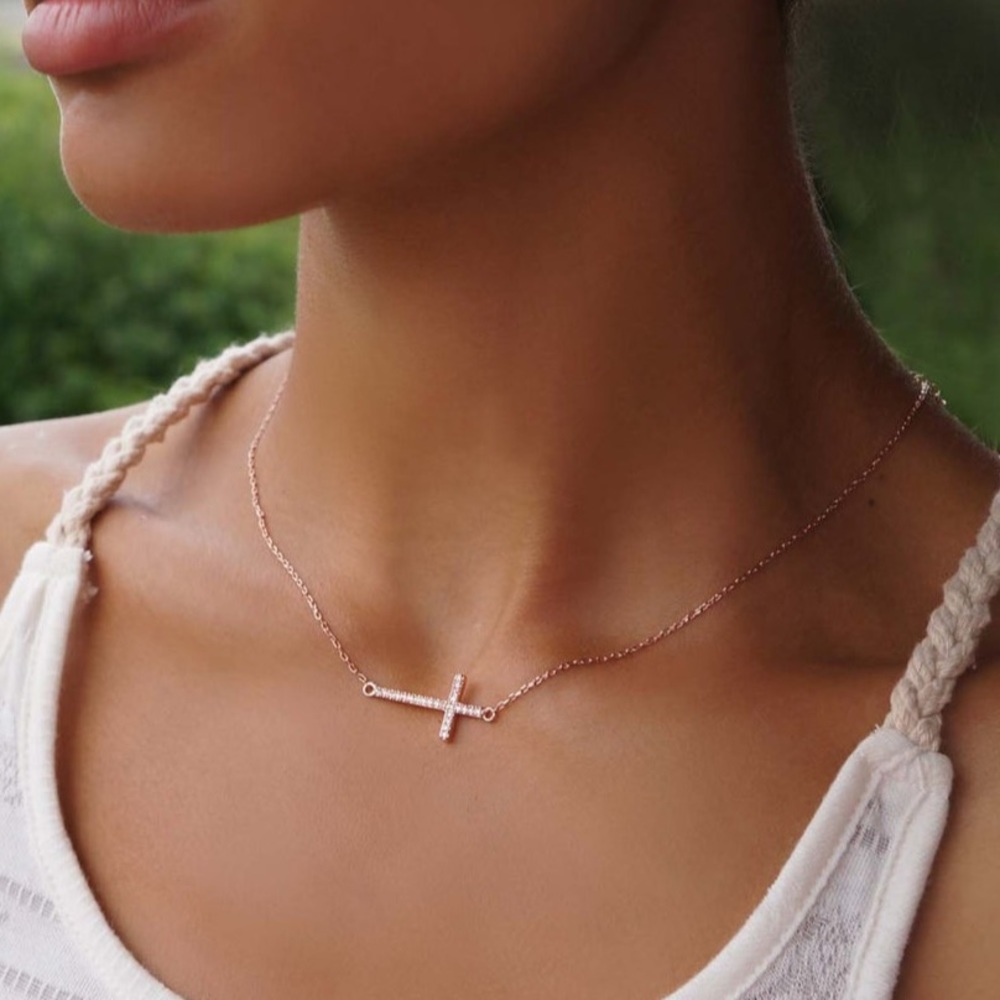 Gold plated pave horizontal cross pendant necklace